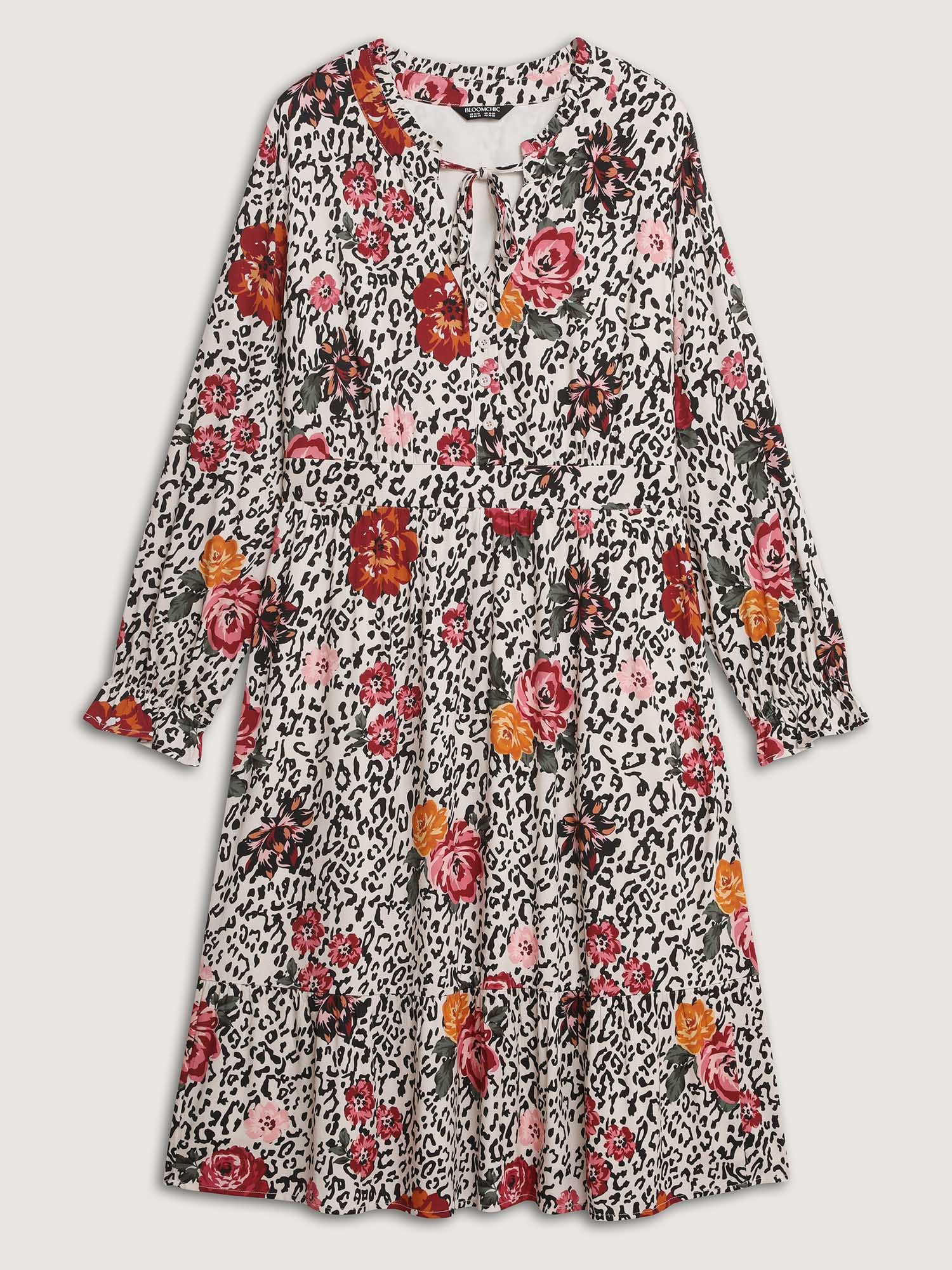 Leopard Floral Print Shirred Waist Midi Dress - Image 8