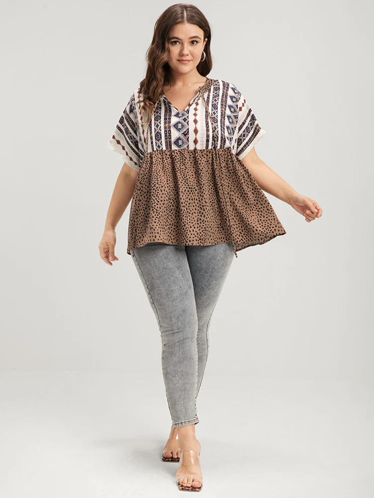 Leopard Geometric Contrast Elastic Waist Ties Neck Blouse - Image 2