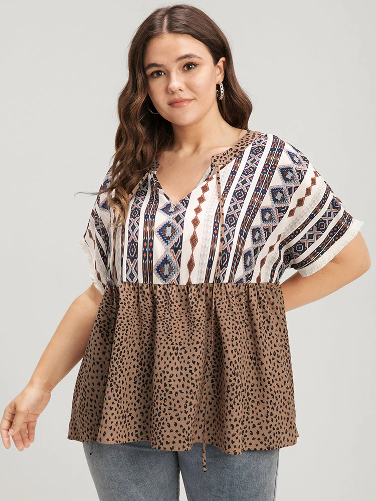 Leopard Geometric Contrast Elastic Waist Ties Neck Blouse - Image 3