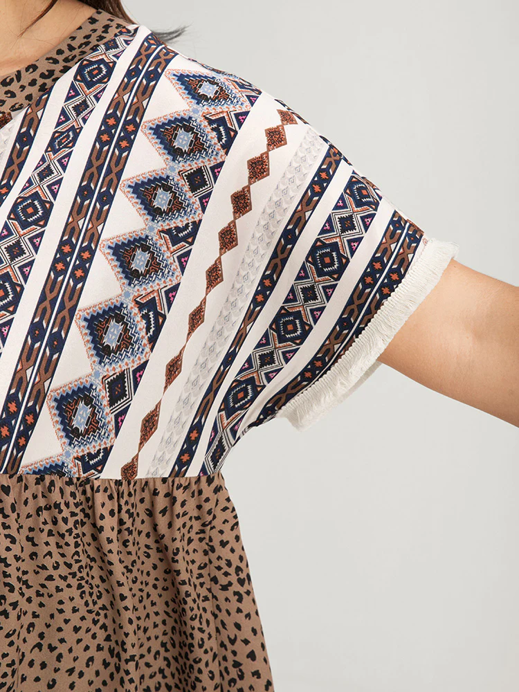 Leopard Geometric Contrast Elastic Waist Ties Neck Blouse - Image 5