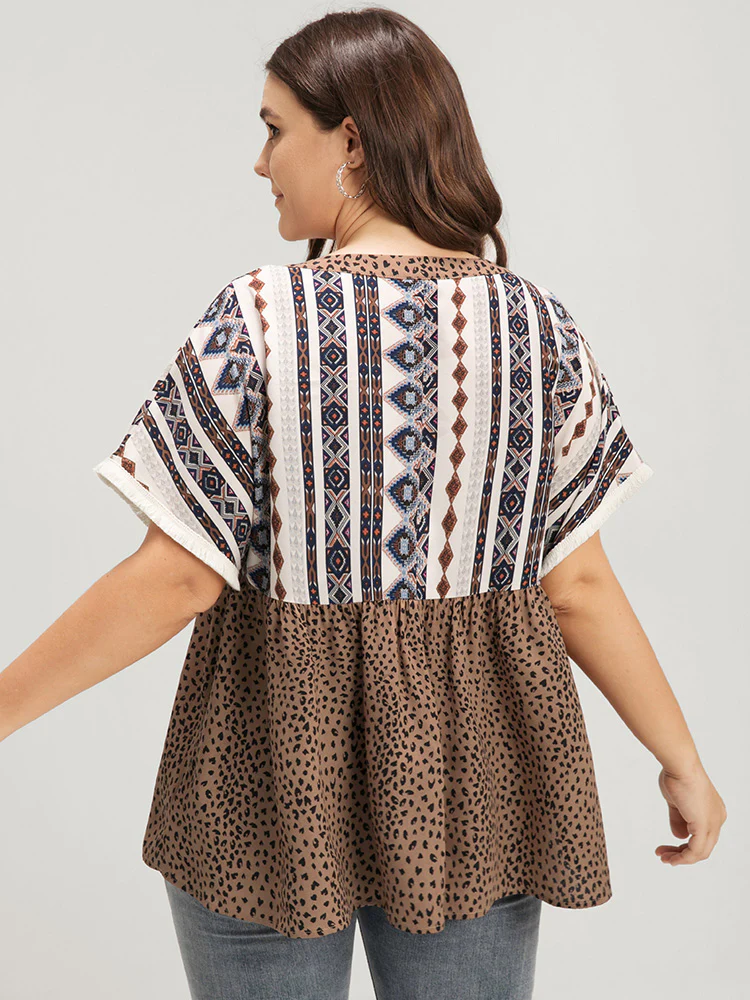 Leopard Geometric Contrast Elastic Waist Ties Neck Blouse - Image 6