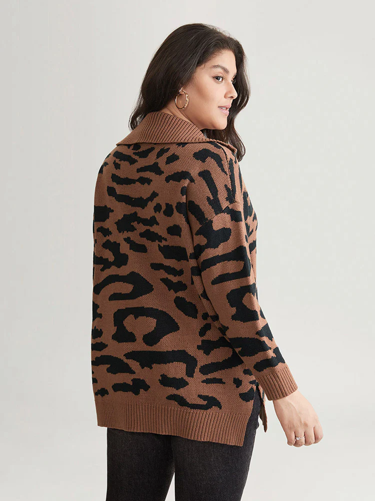 Leopard Graphic Half Zip Polo Knit Pullover - Image 2