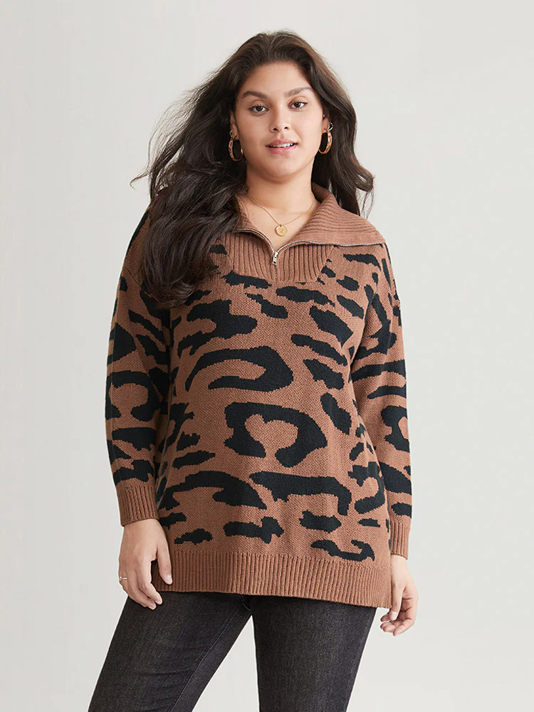 Leopard Graphic Half Zip Polo Knit Pullover - Image 3