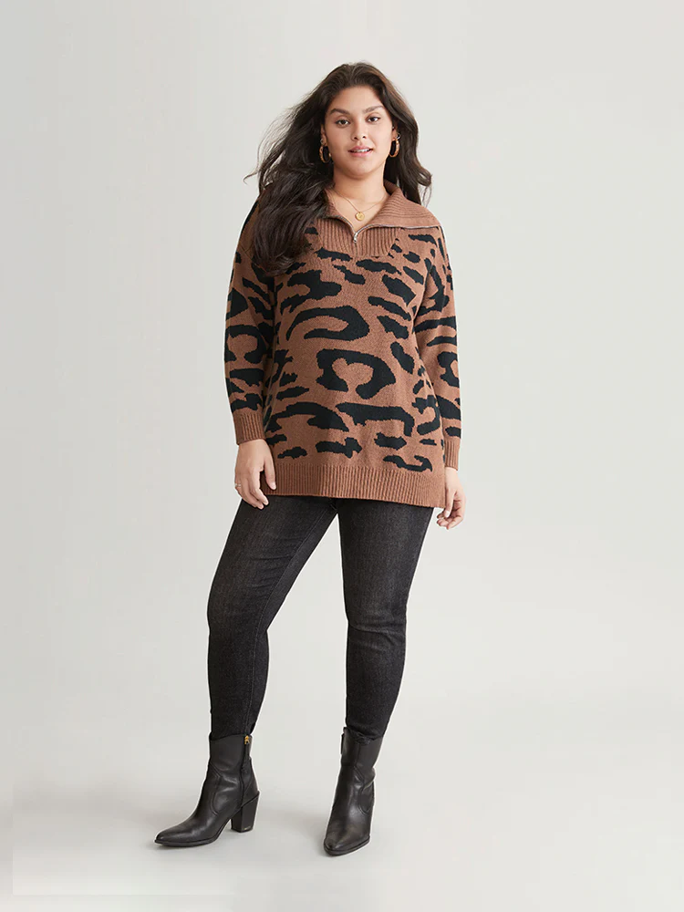 Leopard Graphic Half Zip Polo Knit Pullover - Image 4