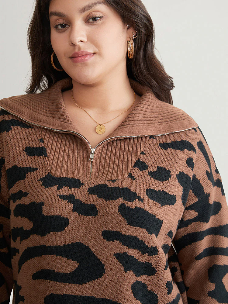 Leopard Graphic Half Zip Polo Knit Pullover - Image 5