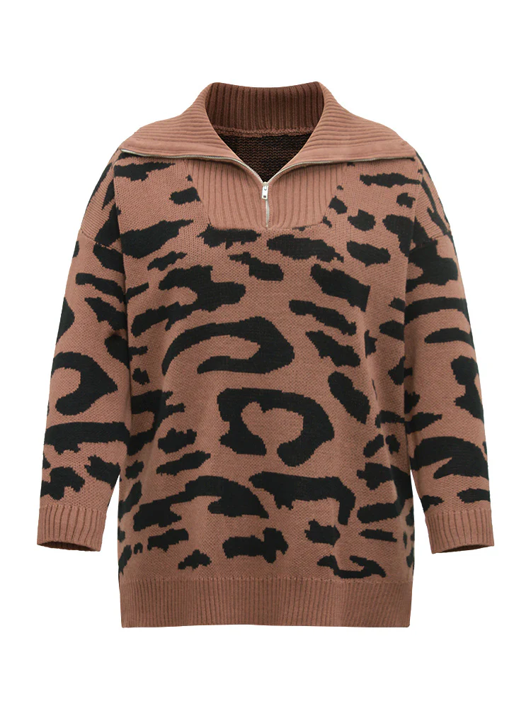 Leopard Graphic Half Zip Polo Knit Pullover - Image 6