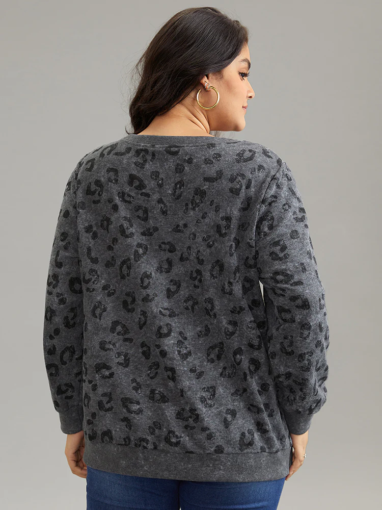 Leopard Graphic Rib Knit Elastic Hem Sweatshirt - Image 2