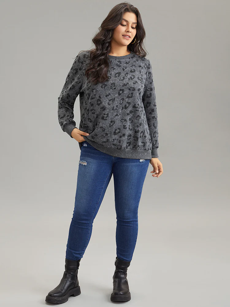Leopard Graphic Rib Knit Elastic Hem Sweatshirt - Image 3