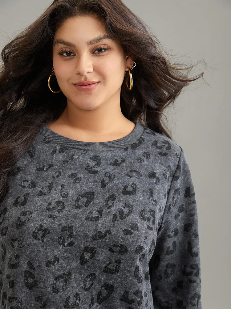 Leopard Graphic Rib Knit Elastic Hem Sweatshirt - Image 4