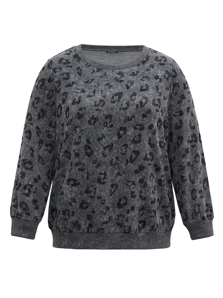 Leopard Graphic Rib Knit Elastic Hem Sweatshirt - Image 5