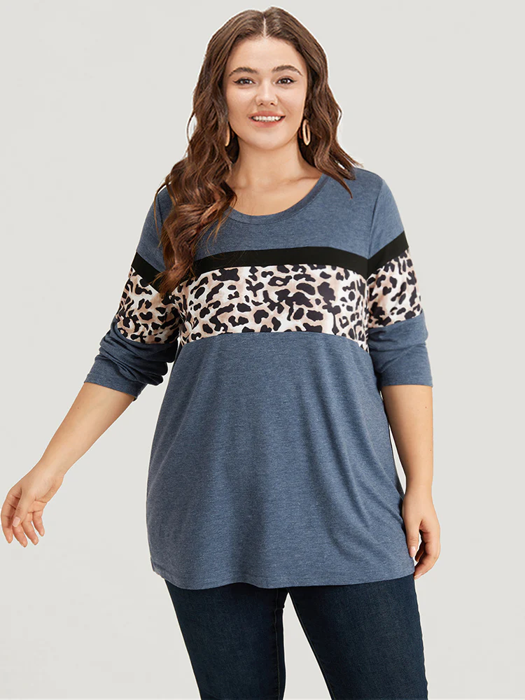 Leopard Heather Patchwork Crew Neck T-shirt - Image 2
