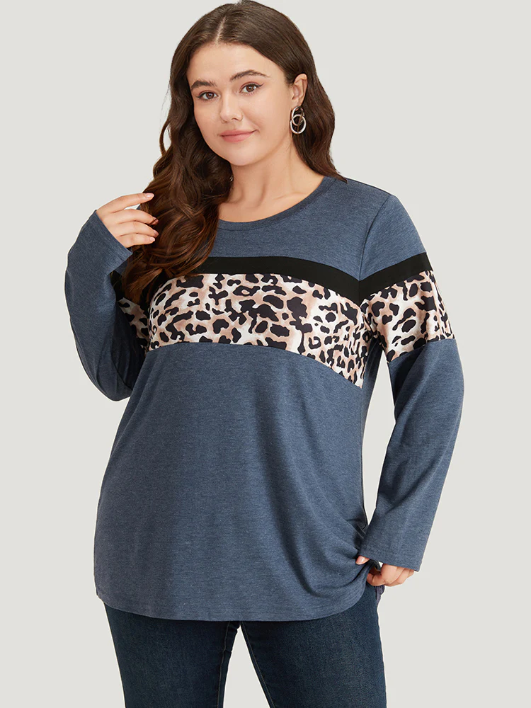 Leopard Heather Patchwork Crew Neck T-shirt - Image 3