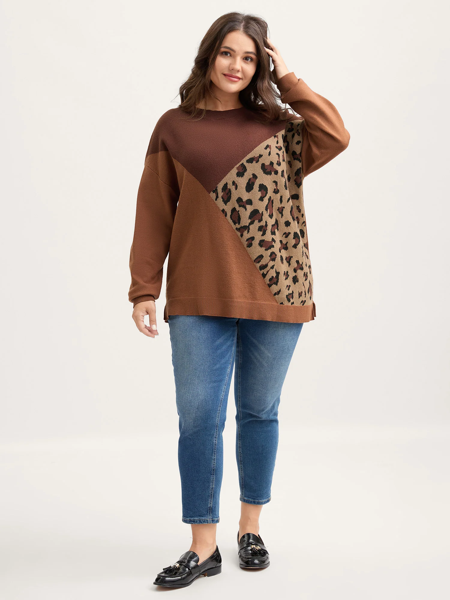 Leopard Jacquard Colorblock Pullover - Image 3