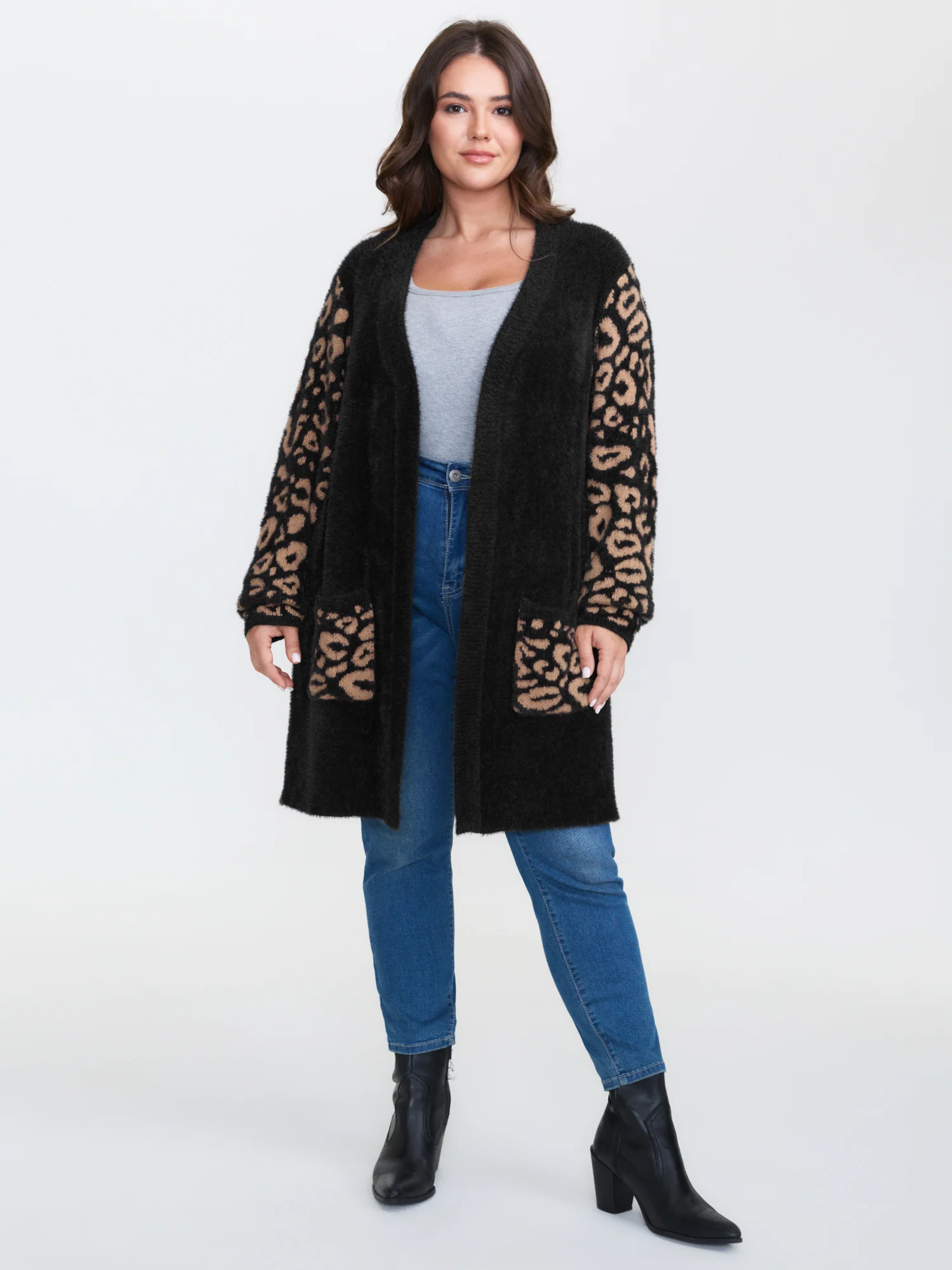 Leopard Jacquard Furry Open-Front Knit Cardigan - Image 3