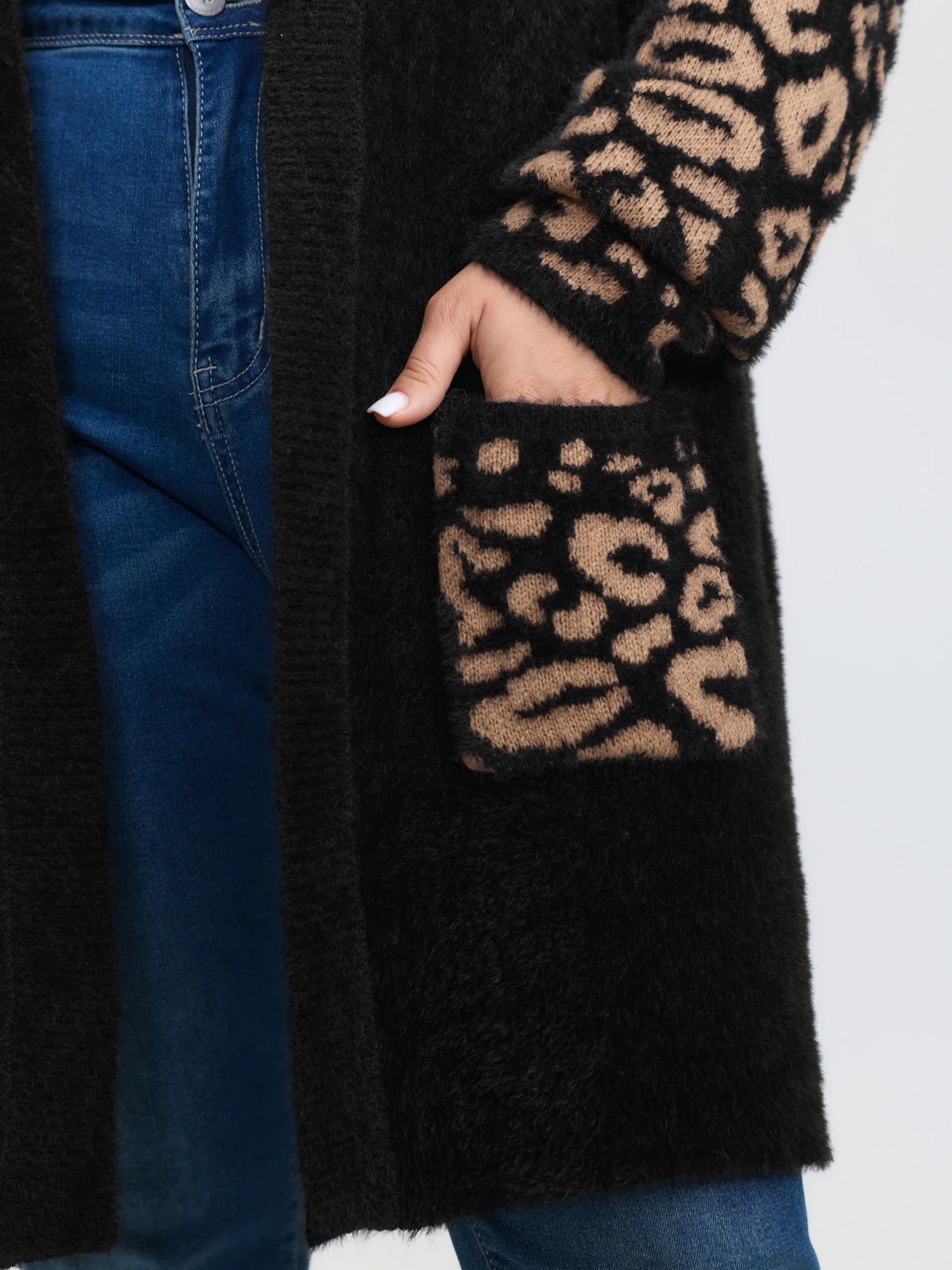 Leopard Jacquard Furry Open-Front Knit Cardigan - Image 4