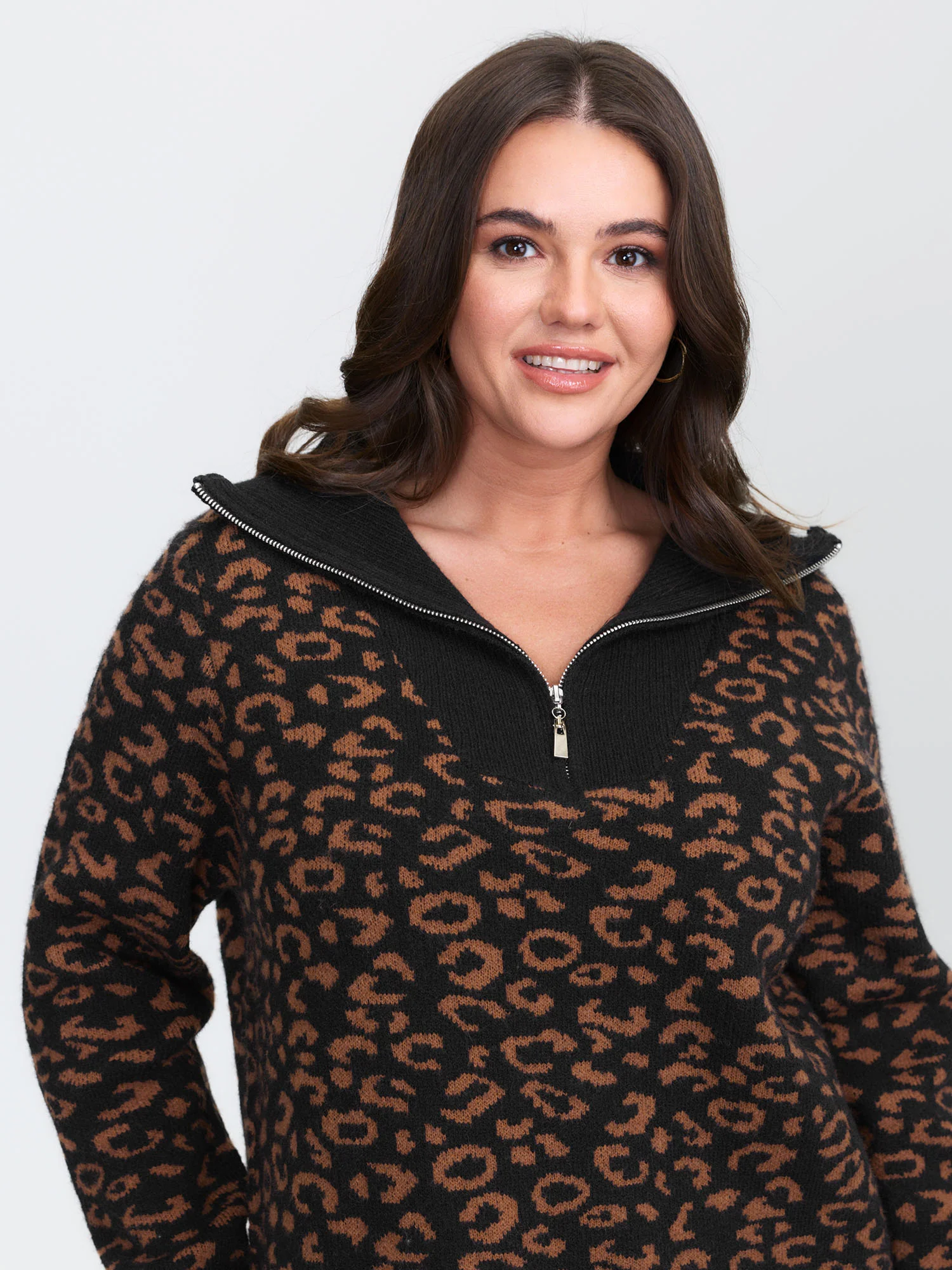 Leopard Jacquard Print Polo Collar Knit Cardigan - Image 2