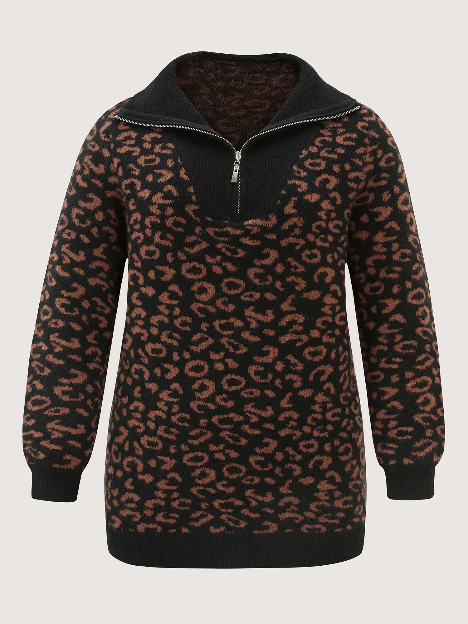 Leopard Jacquard Print Polo Collar Knit Cardigan - Image 7