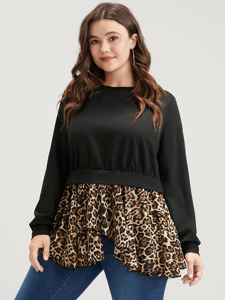 Leopard Patchwork Asymmetrical Hem Sweatshirt - Image 2