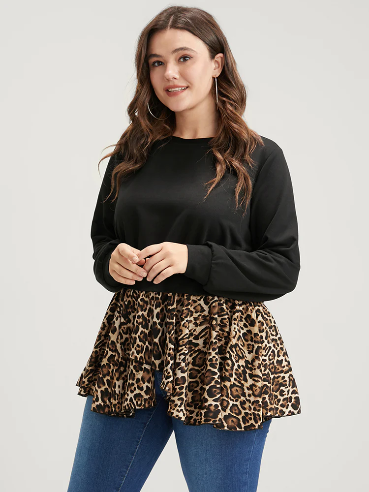 Leopard Patchwork Asymmetrical Hem Sweatshirt - Image 3