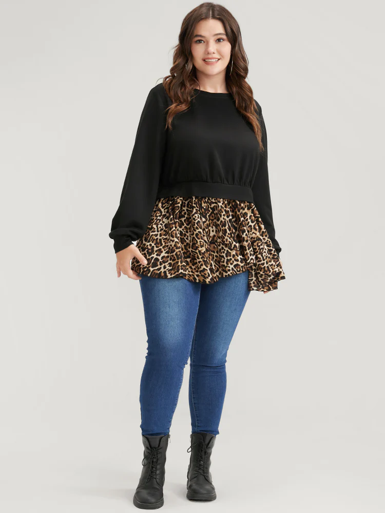 Leopard Patchwork Asymmetrical Hem Sweatshirt - Image 4