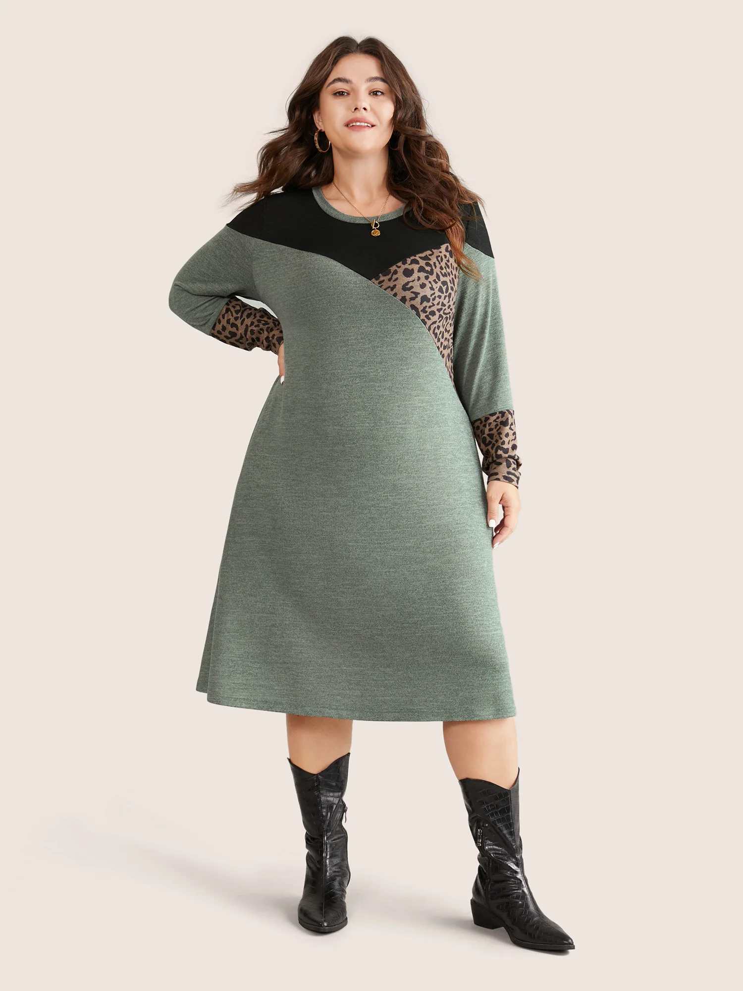 Leopard Patchwork Colorblock Contrast Round Neck Dress