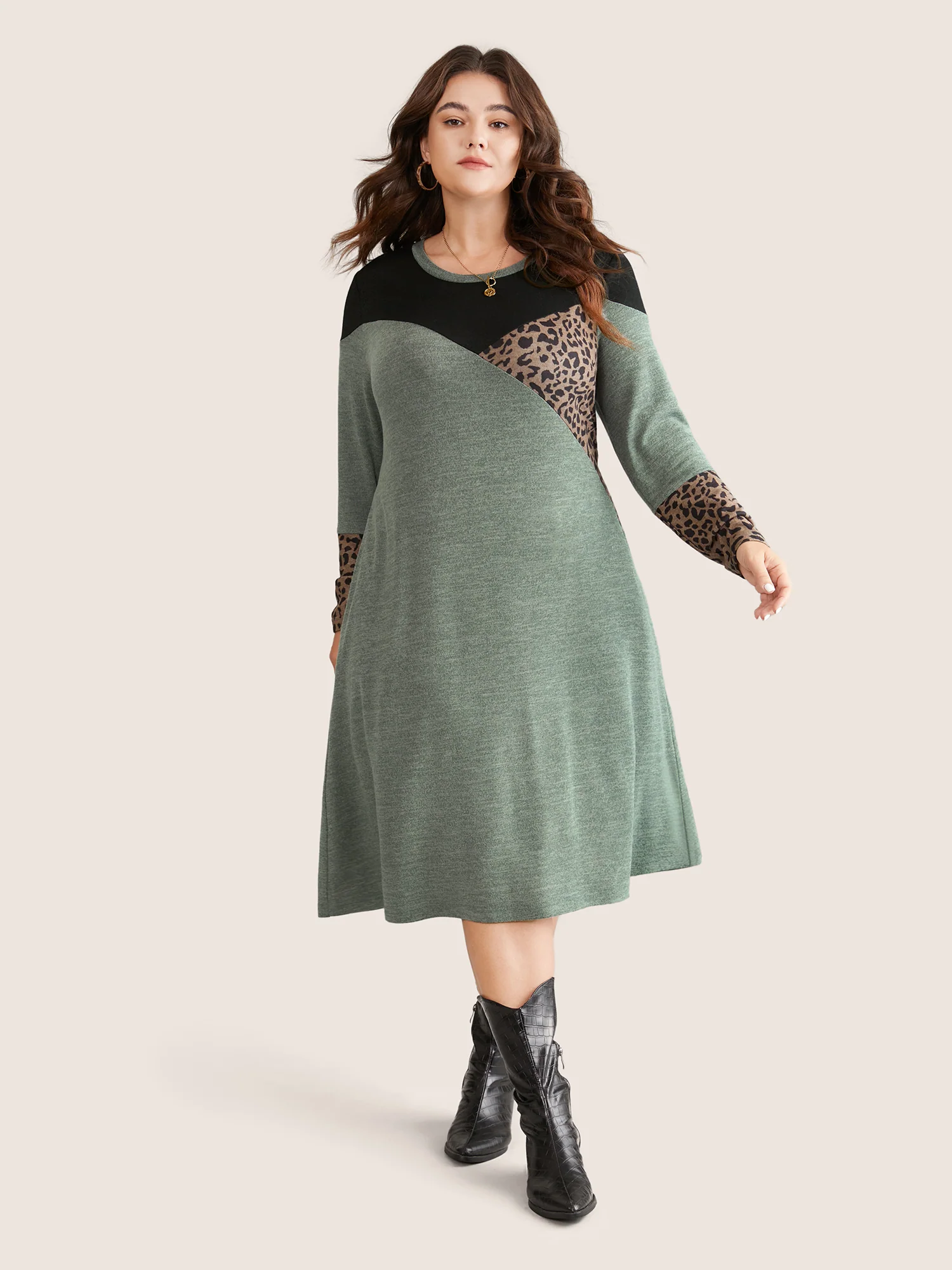 Leopard Patchwork Colorblock Contrast Round Neck Dress - Image 2