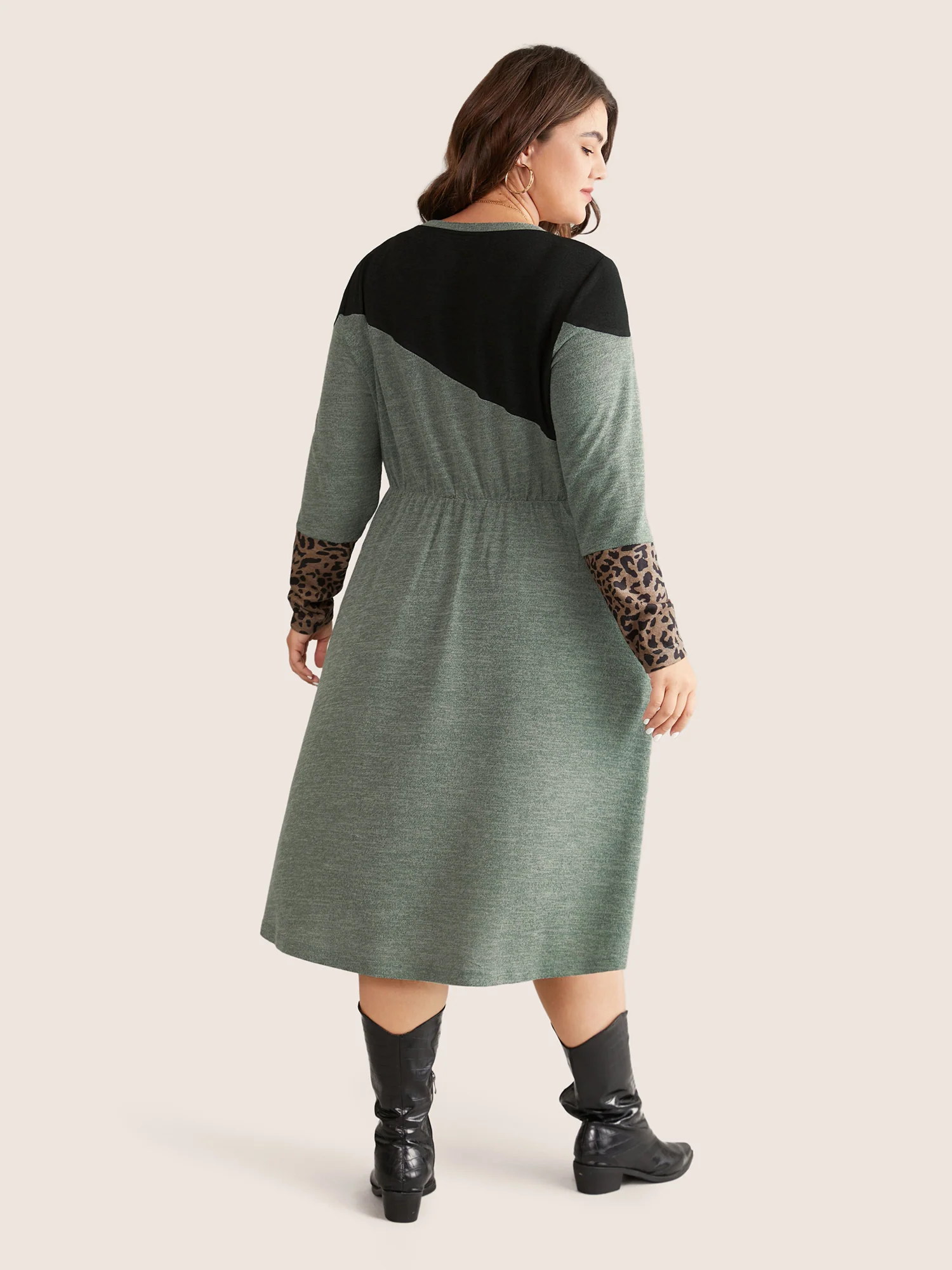 Leopard Patchwork Colorblock Contrast Round Neck Dress - Image 3