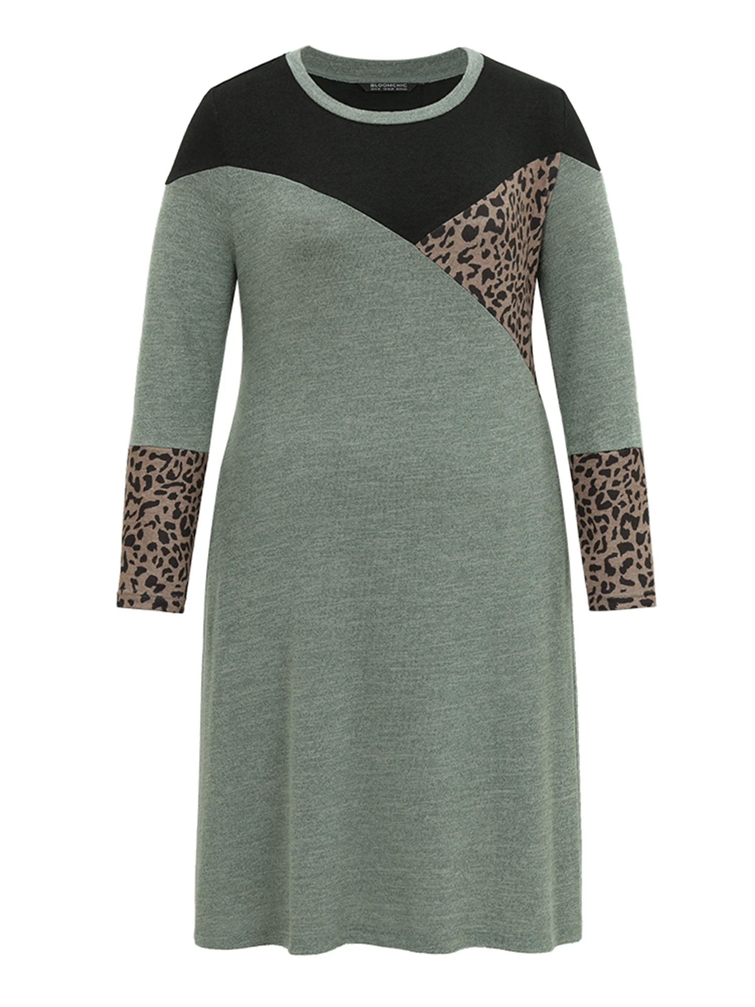 Leopard Patchwork Colorblock Contrast Round Neck Dress - Image 5