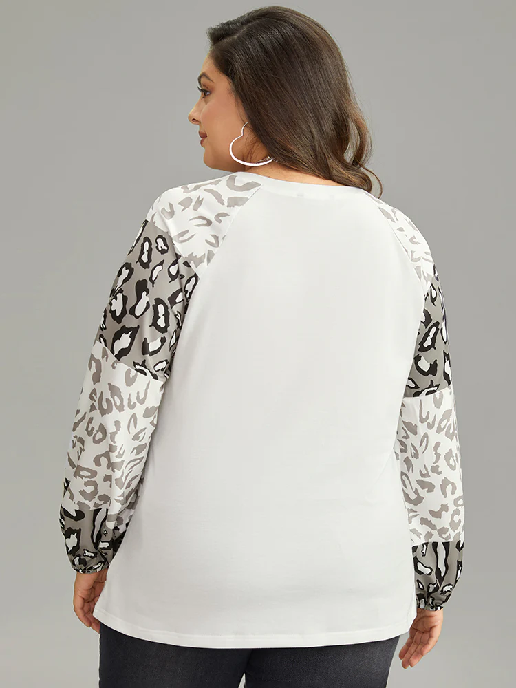 Leopard Patchwork Contrast Lantern Sleeve Sweatshirt - Image 4