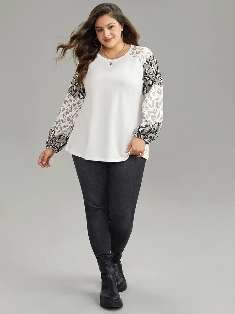 Leopard Patchwork Contrast Lantern Sleeve Sweatshirt - Image 5