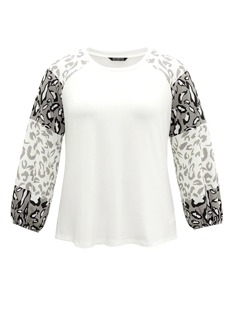 Leopard Patchwork Contrast Lantern Sleeve Sweatshirt - Image 7