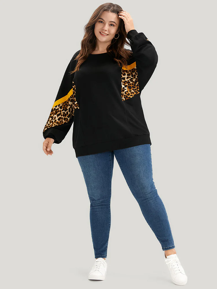 Leopard Patchwork Contrast Lantern Sleeve Sweatshirt - Image 2