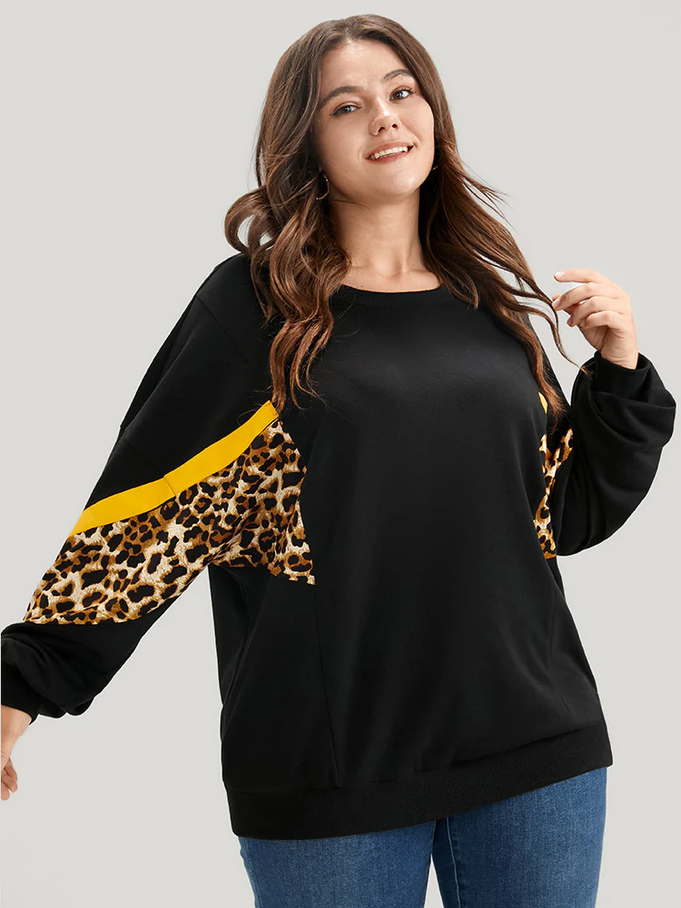 Leopard Patchwork Contrast Lantern Sleeve Sweatshirt - Image 3
