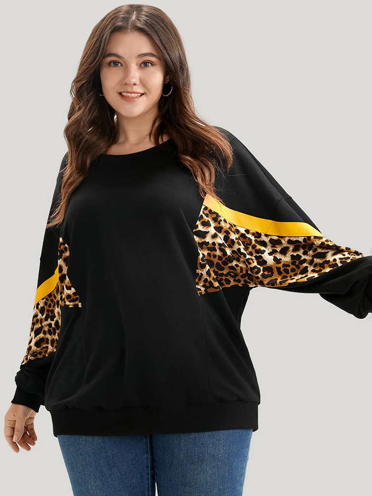 Leopard Patchwork Contrast Lantern Sleeve Sweatshirt - Image 4