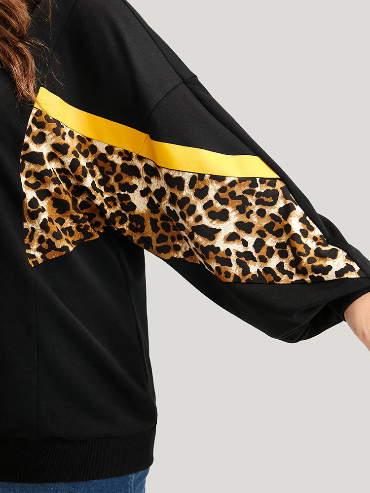 Leopard Patchwork Contrast Lantern Sleeve Sweatshirt - Image 5