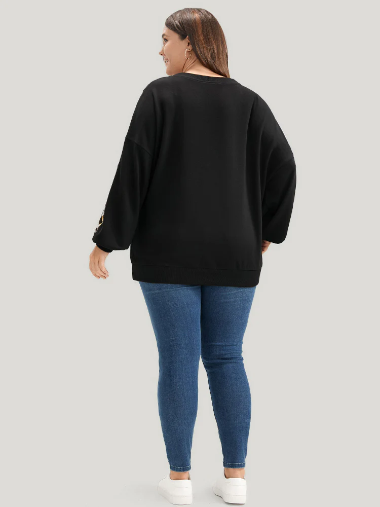 Leopard Patchwork Contrast Lantern Sleeve Sweatshirt - Image 6