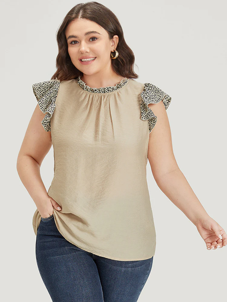 Leopard Patchwork Halter Frill Trim Flutter Sleeve Blouse