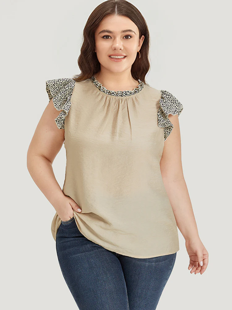 Leopard Patchwork Halter Frill Trim Flutter Sleeve Blouse - Image 2