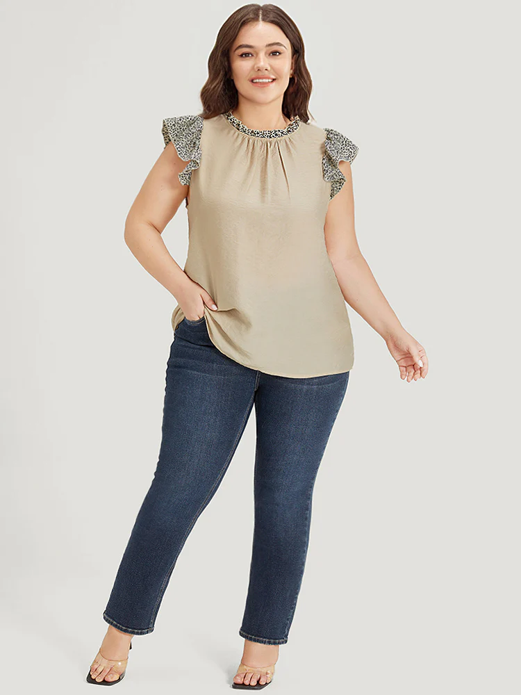 Leopard Patchwork Halter Frill Trim Flutter Sleeve Blouse - Image 3