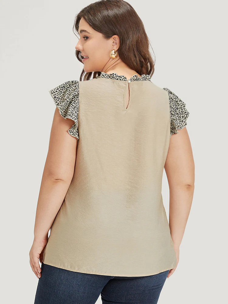 Leopard Patchwork Halter Frill Trim Flutter Sleeve Blouse - Image 5