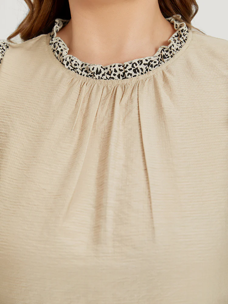 Leopard Patchwork Halter Frill Trim Flutter Sleeve Blouse - Image 6
