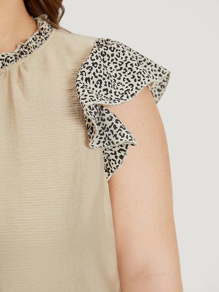 Leopard Patchwork Halter Frill Trim Flutter Sleeve Blouse - Image 7
