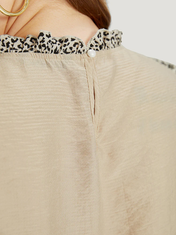 Leopard Patchwork Halter Frill Trim Flutter Sleeve Blouse - Image 8