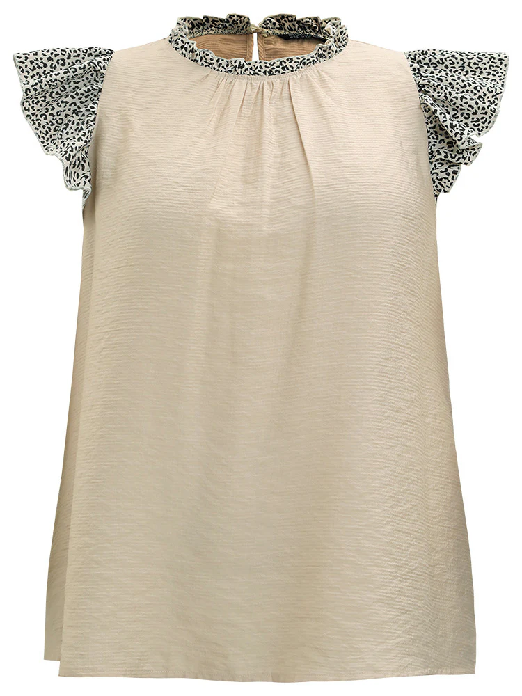 Leopard Patchwork Halter Frill Trim Flutter Sleeve Blouse - Image 9