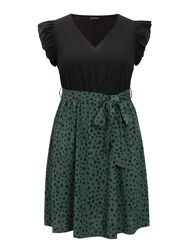 Leopard Patchwork Pocket Belt Ruffle Dress - Image 12