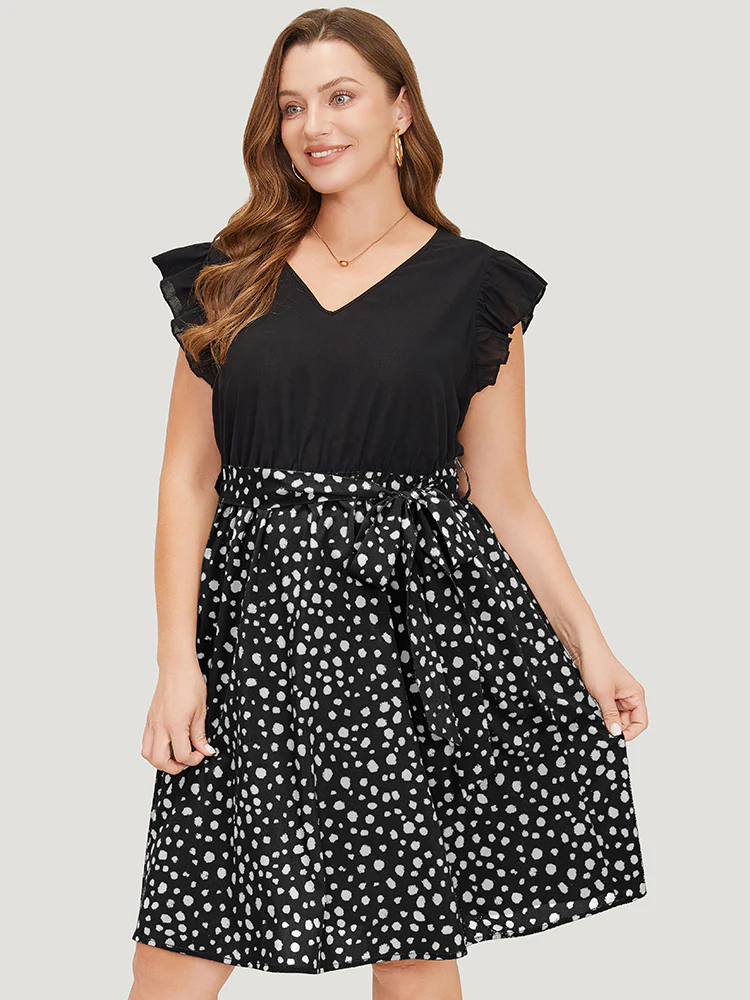 Leopard Patchwork Pocket Belt Ruffle Dress - Image 2