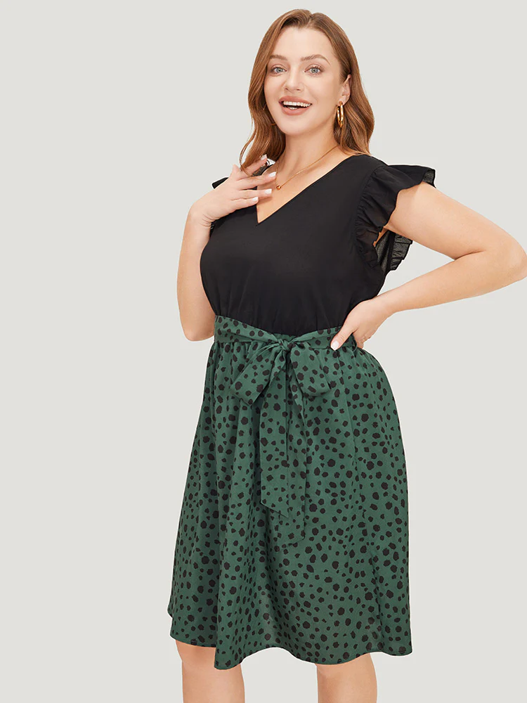 Leopard Patchwork Pocket Belt Ruffle Dress - Image 5