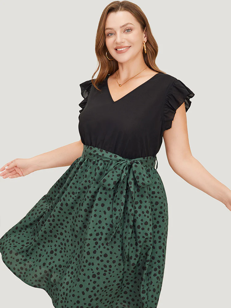 Leopard Patchwork Pocket Belt Ruffle Dress - Image 8