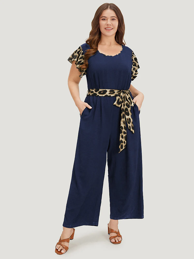 Leopard Patchwork Pocket Belted Ruffle Sleeve Jumpsuit