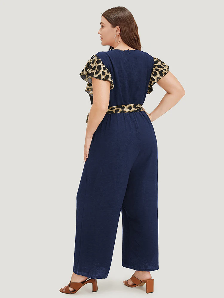 Leopard Patchwork Pocket Belted Ruffle Sleeve Jumpsuit - Image 2